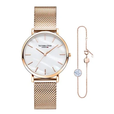 Afbeelding van VICTORIA HYDE Dameshorloge en armband, set van roestvrij staal, mesh band/leren roségoud, Rose Gold., armband