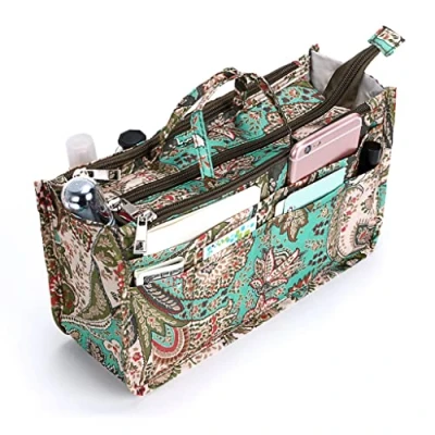 Afbeelding van IGNPION Bedrukte Insert Handtas Purse Organizer 13 Zakken Uitbreidbare Liner Bag Pouch Rits Sluiting Tote Luiertas met Handvat (29x 16x 9cm) (Peacock Flower), pauw bloem