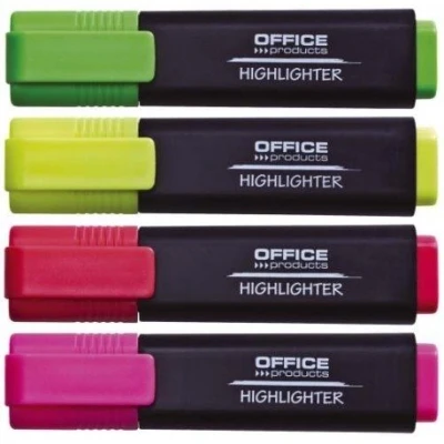 Image de OFFICE PRODUCTS Lot de 4 surligneurs lumineux Couleurs : jaune, ombrage, rose, vert/surligneur Encre non toxique, pointe biseautée Haute qualité Épaisseur trait 1 5 mm