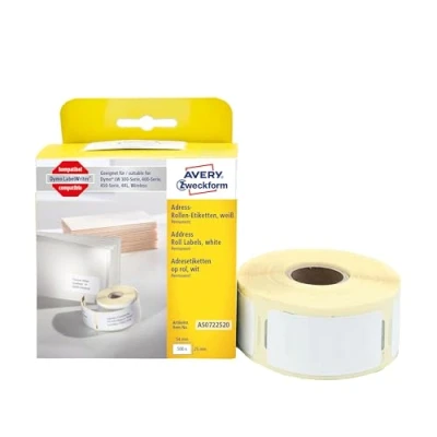 Afbeelding van Avery Zweckform Rol met etiketten Compatibel vervangt DYMO 11352, S0722520 54 x 25 mm Papier Wit 500 stuk(s) Permanent hechtend Adresetiketten AS0722520