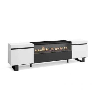 Afbeelding van Skraut Home tv kast, bank, grote opbergruimte, 200 x 57 35 cm, voor tv&#039;s tot 80 inch, elektrische open haard, industrieel design, moderne stijl, wit en zwart