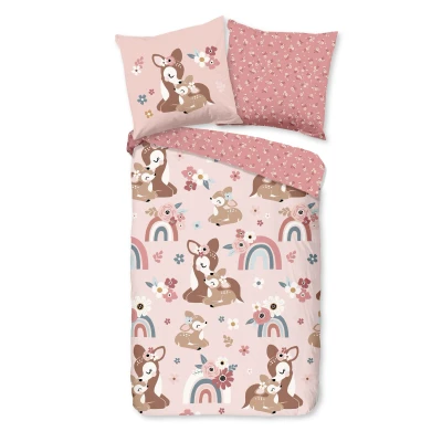 Afbeelding van Dekbedovertrek voor Kinderen 135x200 cm Bambi Hert en Regenboog Print Roze 1 Persoons 100% Katoen