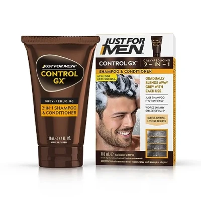 Afbeelding van Just For Men Control GX, 2 in 1 shampoo en conditioner, vermindert geleidelijk permanent grijs haar bij elke wasbeurt, alle tinten, 118 ml