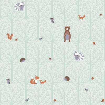 Afbeelding van DIEREN IN HET BOS BEHANG Kinderkamer groen bruin oranje grijs A.S. Création Little Love