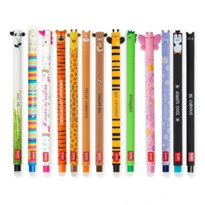 Afbeelding van LEGAMI Lot de 13 stylos à encre gel effaçables Couleurs assorties : panda, lama, licorne, tigre, girafe, corgi, ourson, abeille, dinosaure, papillon, hippo, pingouin et kitty