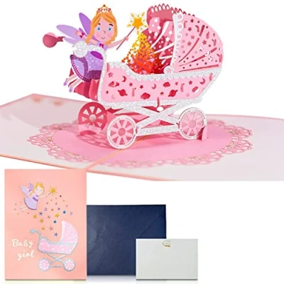 Afbeelding van NEWUPZSI 3D pop up wenskaart voor baby&#039;s, wenskaarten, geboortekaarten, verjaardagskaarten meisjes, roze, kinderwagenkaart