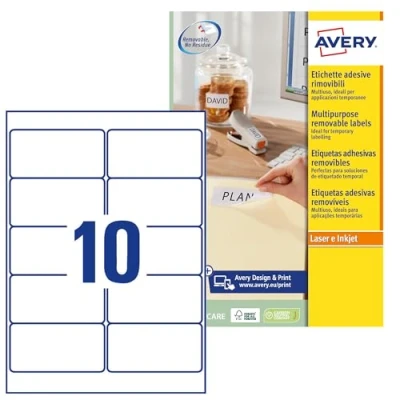 Afbeelding van Avery Afneembare Witte Etiketten Stick &amp; Lift Ft 96 X 50,8 Mm, 250 Stuks, 10 Per Blad Etiket