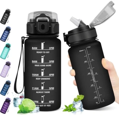 Afbeelding van KollyKolla Sportwaterfles voor kinderen, 500 ml, met motiverende tijdweergave, waterfles rietje, 1 klik open, school, fiets, sportschool