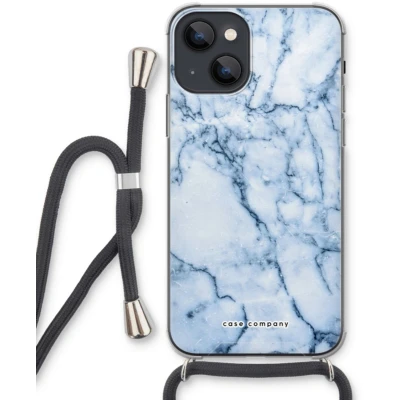 Afbeelding van Case Company® hoesje met Koord geschikt voor iPhone 13 mini Blauw marmer Telefoonhoesje Zwart Extra Bescherming aan alle Kanten en Over de Schermrand