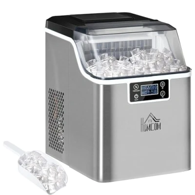 Afbeelding van HOMCOM ijsblokjesmachine, 20 kg/24 uur, 2,3 l met 3,2 waterreservoir, automatische roestvrij staal, zilver, 25,2 x 36 37,1 cm