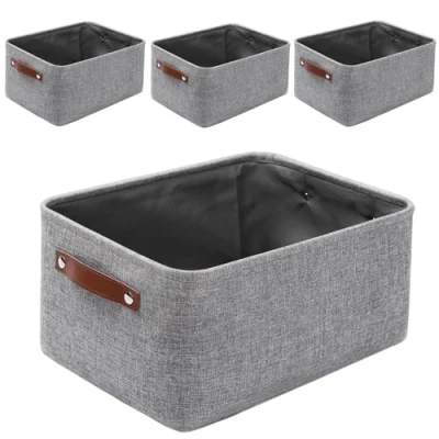 Afbeelding van Mangata Inklapbare opbergmanden met leren handvat, 4 stuks, verdikte linnen stof, opbergdoos, mand voor speelgoed, kleding, thuis, wasgoed (grijs, medium)