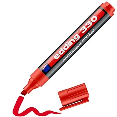 Afbeelding van edding 330 permanente markers, rood, 1 stift, wigpunt 5 mm, sneldrogend, water en slijtvast, voor karton, kunststof, hout, metaal, glas