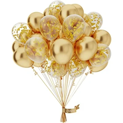 Afbeelding van OWill 50 stuks gouden confettiballonnen van 25,4 cm, voor Ramadan, verjaardag, babyshower, bruiloft, afstudeerfeest, oudejaarsavond