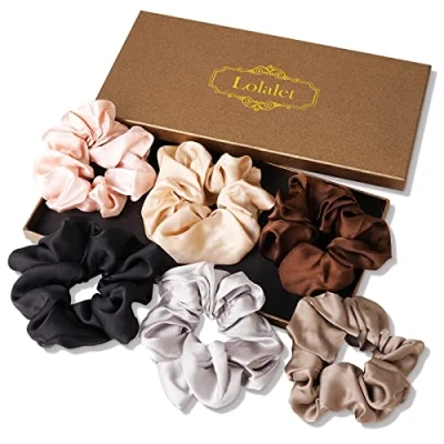 Image de Lot de 6 chouchous Lolalet en soie pour femme, satin, doux, élastique, soie, fille, couleurs noir, marron, gris, champagne, rose clair, argent