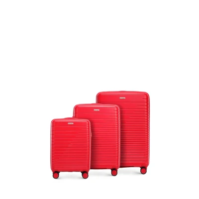 Afbeelding van WITTCHEN Fuerta Line Koffer van polypropyleen met glanzende riemen, 4 dubbele zwenkwielen aluminium, telescopische handgreep, TSA slot, Rood, Set 3 koffers