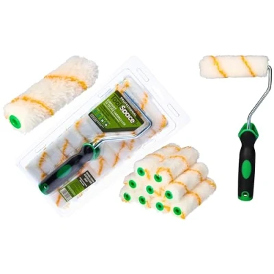 Afbeelding van ToolSpace Set 10 rollen polyacrylverf, 11 cm, inzetstukken voor schilderrollen, rolhuls, ergonomische handgreep, geschikt wanddecoratie, muur, plafond, druppelbescherming