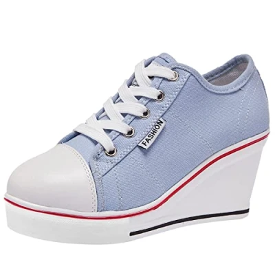 Afbeelding van ANUFER dames, sleehak, veterschoenen, zeildoek, hardloopschoenen, blauw