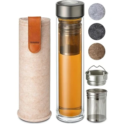 Afbeelding van Cosumy Thermosglas met infuser 500 ml, dubbelwandig glas vilten hoes, hittebestendig, waterdicht, vaatwasmachinebestendig, beige