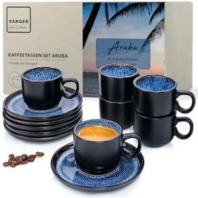 Afbeelding van SÄNGER Aruba Value Collection Set van 12 espressokopjes aardewerk, voor 6 personen, vaatwasmachinebestendig, magnetronbestendig, blauw met zwarte rand, 80 ml