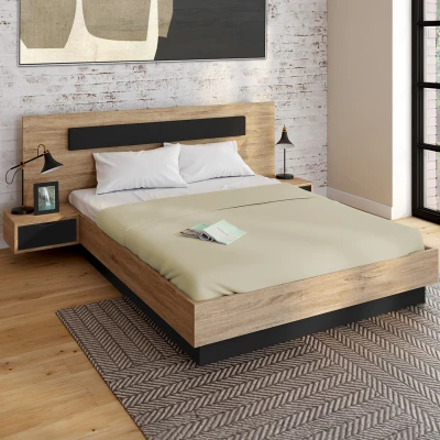 Afbeelding van Tweepersoonsbed SANTA met geïntegreerde nachtkastjes en houten zwarte lattenbodem 160x200 cm