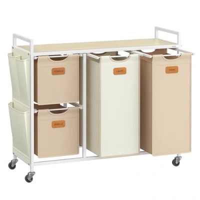 Afbeelding van VASAGLE Wasmand, 4 vakken, mand 150 l, bak, wielen, trolley met planken, tas, zijvakken, 6 etiketten, natuurlijk beige, karamelbruin en crèmewit BLH203N01
