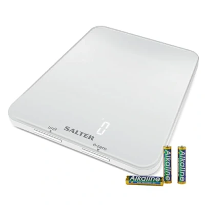 Afbeelding van Salter 1180 WHDR Ghost elektronische keukenweegschaal, max. 5 kg, display inactief tot wegen, groot dienblad van ultradun glas, tarra functie, vloeistofmeting, wit