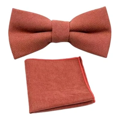 Afbeelding van Herenset met vlinderdas en vierkante zakmix van katoenmix, terracotta, lengte 12 cm, breedte 6 Terracotta