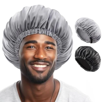 Afbeelding van Lolalet Durag 2 stuks satijnen mutsen voor heren, zwart en grijs, zwart/grijs, L (één maat), Zwart/Grijs