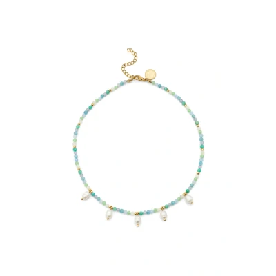 Afbeelding van SINGULARU Collier Crystal Blue Pearls. Acier avec Plaqué or 18 carats et Cristal, perle de culture, pierre naturelle. Bijoux pour Femme.