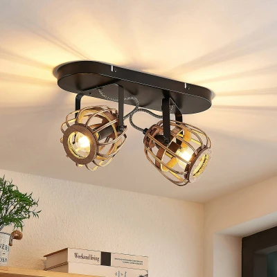 Afbeelding van Lindby buitenspot 2lichts rotan, staal H: 19 cm E14 mat zwart, licht hout