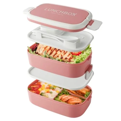 Afbeelding van Stapelbare bento box van 1400 ml, voor volwassenen, 4 vakken, lekvrij, met sauspot, magnetronbestendig, roze (2 laags)