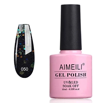 Image de AIMEILI Vernis Semi Permanent 10ML Noir Pailleté, à Ongles Gel UV LED Polish Soak Off Manucure Paillettes Diamant (050)
