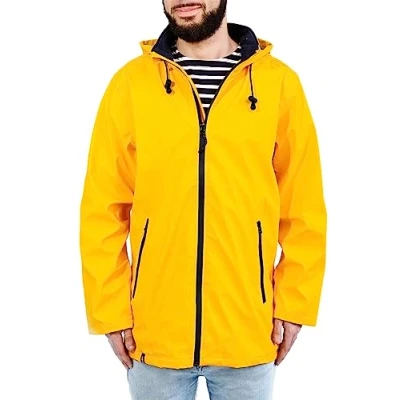 Afbeelding van Breizh Ocean Gewaxt, regenjas voor heren, Sarzeau, regenkleding met capuchon, gelaste naden volledige waterdichtheid. Gevoerd strepen in maritieme stijl., Geel.