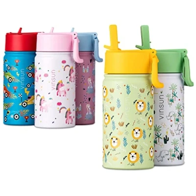 Afbeelding van Vinsun Drinkfles voor kinderen met rietje, 350 ml, groen, roestvrij staal, BPA vrij, waterdicht, herbruikbaar, waterfles leeuwen, meisjes en jongens