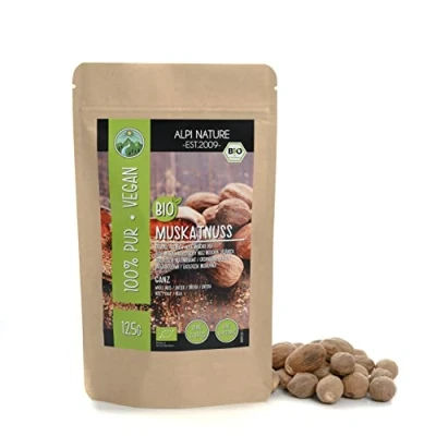 Afbeelding van biologische hele nootmuskaat, nootmuskaat van gecontroleerde teelt, getest in het laboratorium, 100% zuiver en natuurlijk (125 g)