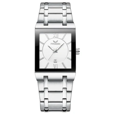 Afbeelding van JewelryWe Herenpolshorloge: zwart analoog kwarts, lichtgevende wijzers, roestvrijstalen armband, zakelijk, elegant, rechthoekig, multifunctioneel, Wit.
