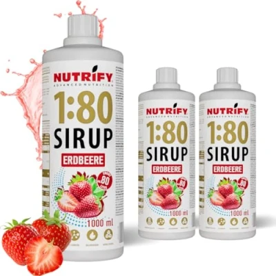 Afbeelding van NUTRIFY Vital Fitness Drink 3 flessen siroop 1:80, x 1 l, aardbeien, drankconcentraat met vitaminen en L carnitine zonder suiker, product 240 liter sportdrank, laag in