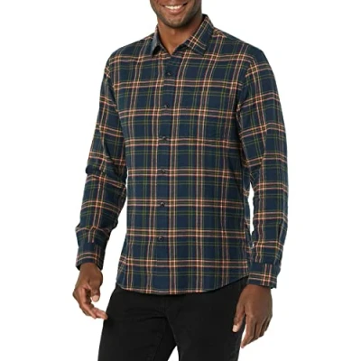 Image de Amazon Essentials Chemise En Flanelle À Carreaux Manches Longues Et Coupe Ajustée (Couleurs Édition Limitée) Men&#039;s, Vert Foncé Bleu Marine Écossais, M