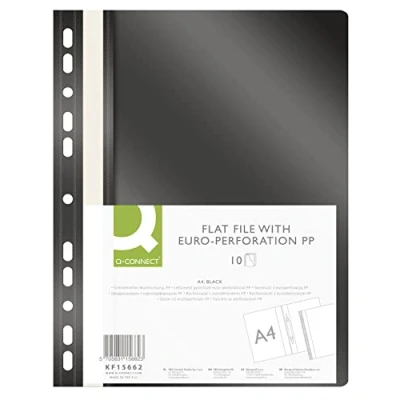 Afbeelding van Q CONNECT KF15662 10 stuks A4 kunststof mappen zwart geperforeerd met opschriftrepen, transparant deksel, geperforeerd,