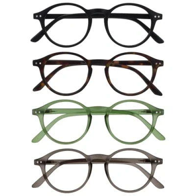 Afbeelding van OPULIZE REY Leesbril, set van 4, rond, retro, zwart, mat, schildpad, bruin, groen, grijs, heren en dames, veerscharnieren RRR56 1267 +3.00
