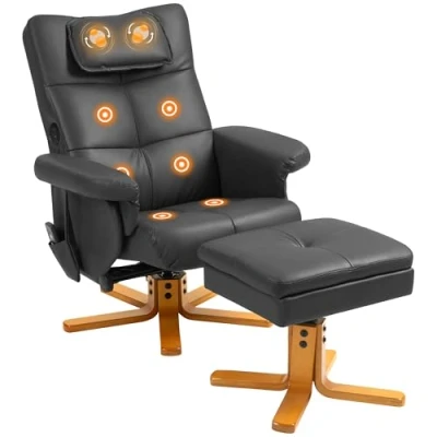 Afbeelding van HOMCOM Massagestoel met voetensteun, relaxstoel, woonkamer, rugleuning tot 135 graden kantelbaar, opbergdoos en afstandsbediening, synthetische coating, zwart