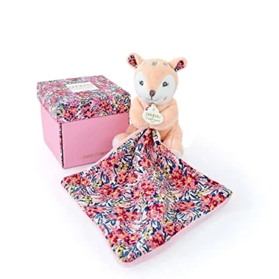 Afbeelding van Doudou et Compagnie BOH&#039;AIME Pantin reekalf met knuffeldier doos in bloemvorm beige 12 cm cadeau idee voor geboorte meisjes en jongens garantie verloren DC4017