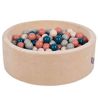 Afbeelding van KiddyMoon Velours ballenbad 90 x 30 cm / 200 ballen met een diameter van 7 cm, rond, gemaakt in de EU, zandbeige: Donkerturquoise/pastelbeige/grijsgroen/zalm