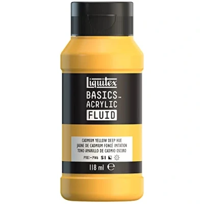 Afbeelding van Liquitex Basics Fluid Acrylverf met vloeibare consistentie, sneldrogend, lichtecht, waterdicht, op waterbasis, 118 ml fles, donker cadmiumgeel imitatie