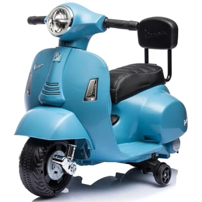 Afbeelding van Vespa Elektrische motorfiets voor kinderen met claxon, gaspedaal, verlichting, zijwielen (blauw rugleuning)