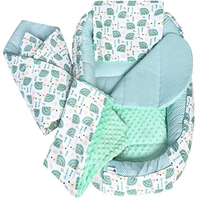 Afbeelding van 5 delige set babynestjes, 100 x 60 15 cm, uitneembaar inzetstuk, bed, knuffelnest, kruipdeken voor baby&#039;s en pasgeborenen, 100% katoen (egel met mint minky)