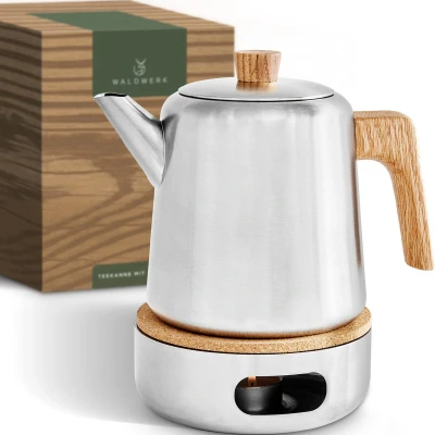 Afbeelding van WALDWERK theepot met warmhouder (1.1L) filter gemaakt van roestvrij 304 staal eikengreep 100% druppelvrij theekan zeefverwijderbaar