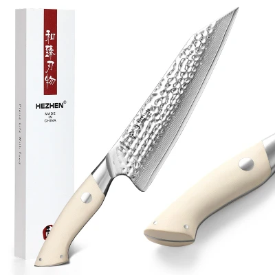 Afbeelding van Chinees Koksmes HEZHEN B38H Series Damascus staal Ivoorwit G10 handvat Vlijmscherp Professioneel keukenmes