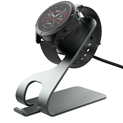 Afbeelding van MoKo Oplader compatibel met Garmin Fenix 7/7S/7X/6/6S/6X Pro/5/5S/5X/Vivoactive 3/4/4S/Forerunner 45/245/Venu 2/2 Plus/2S/Instinct, laadstation USB kabel 150 cm, houder van aluminium, grijs