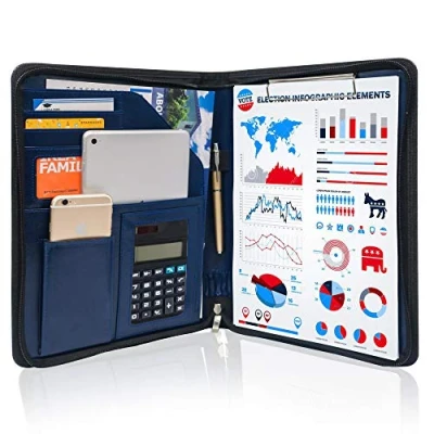 Afbeelding van GraduatePro A4 leren klembord met ritssluiting voor conferentiepresentatie, document tablet, waterdichte opbergvakken, blauw
